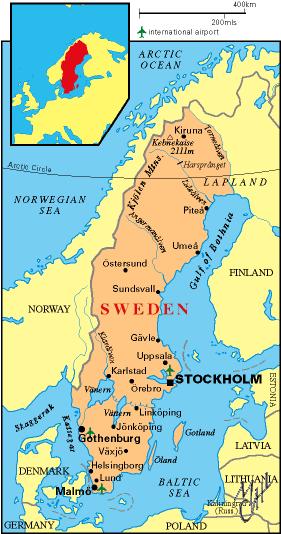 Carte_Suede_EUnord.gif - la Suède est le troisième pays le plus grand d'Europe de l'Ouest. Un peu plus de 9,2 Mio. d'habitants y vivent. Grâce au Gulf Stream, le climat reste relativement tempéré, avec des températures entre -5 et +22°C.